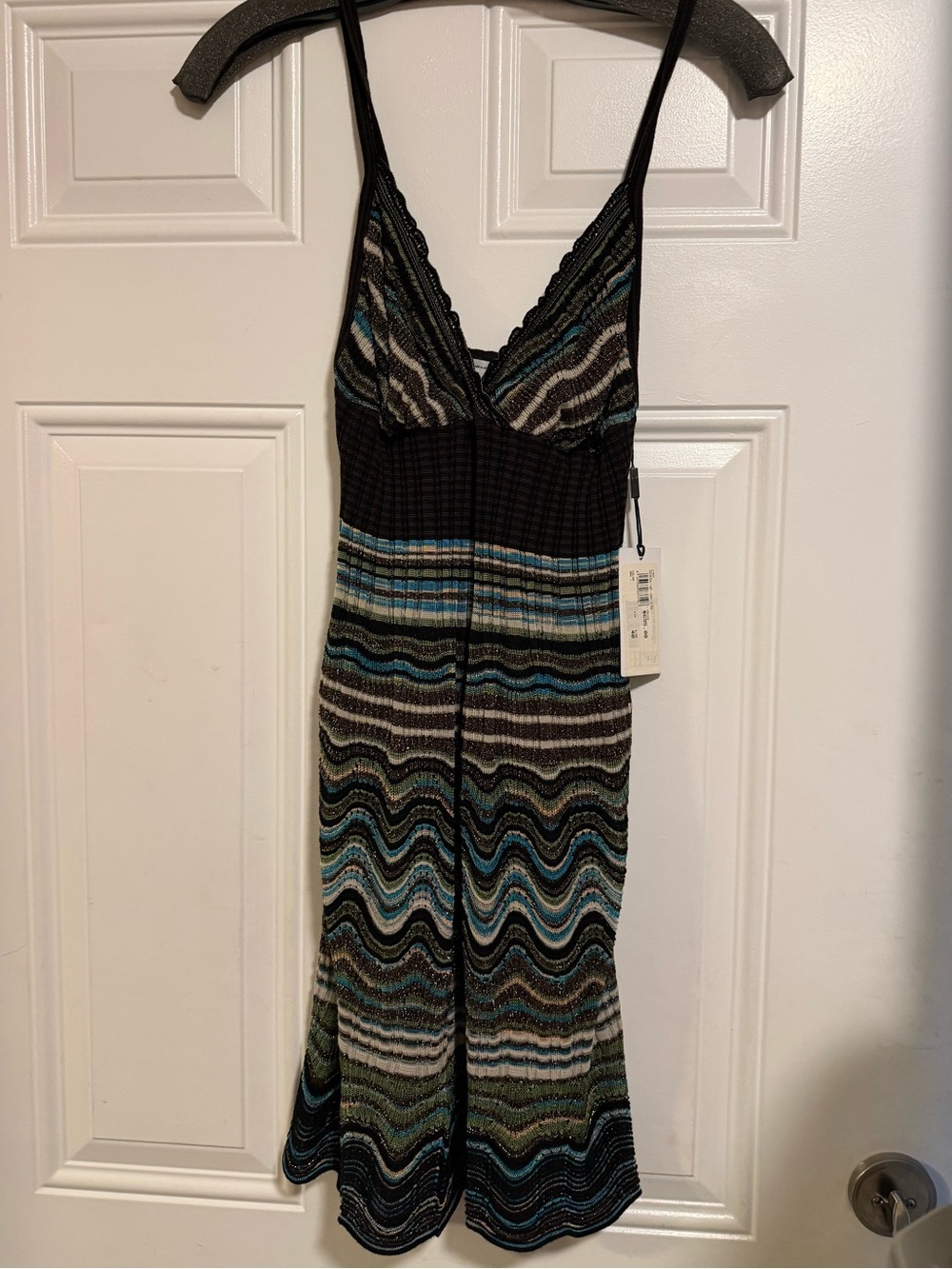 Missoni Black Knit Midi Dress with Metallic Teal, Blue and Cream Waves